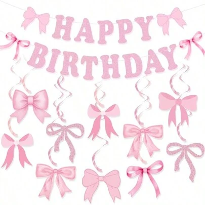 Pink Bow Decor Garlands, Spiral Banners, Bridal Engagement Sweet Birthday Party Supplies For Girls