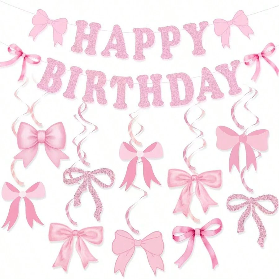 Pink Bow Decor Garlands, Spiral Banners, Bridal Engagement Sweet Birthday Party Supplies For Girls