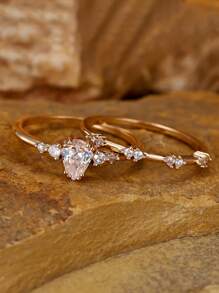 Tsnamer Set de 2 anillos con forma de pera y gota de agua brillante con circonita cúbica para mujeres y adolescentes, anillo de compromiso, propuesta, boda, uso diario, casual, fiesta, joyería de cumpleaños - anillo - Ver 11