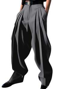 INCERUN Fashion Mens Zipper High Waist Pleated Bottoms Chino Pants Casual Solid Long Trousers - 灰色 - 查看 2