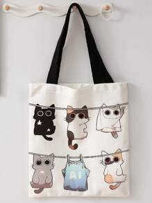 Borsa a spalla stampata reversibile con motivi di gatti e cani, borsa casual da viaggio e spiaggia di grande capacità, riutilizzabile, borsa a spalla casual da donna in tela di grande capienza, borsa da spiaggia, borsa shopping, borsa da spesa con stampe per donna