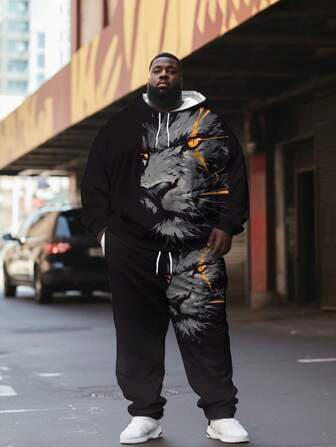 2pcs Men's Plus Size 3D Digital Print Front Drawstring & Allover Print Christmas Element Pullover Hoodie And Drawstring Pocket Sweatpants Set, Fall Clothes