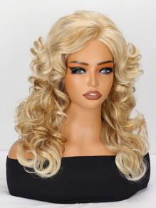 18 Inch Long Curly Wave Wig 1 PC Golden Wig With Bang Synthetic Wig 150% High Density Heat Resistant Fiber Breathable Rose Net Cap Versatile For Daily Wear And Halloween Party - Gold - View 4