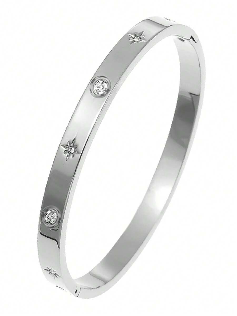 1pc Fashion Minimalist Octagonal Star Zirconia Stainless Steel Bangle Set For Women, Suitable For Daily Wear And As Gift For Friends - Silver - View 1