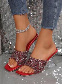 Women's New Summer High Heel Slippers, Red Crystal Rhinestone Embellished High Heels, Fashionable Asymmetric Crystal Heel Sandals, Suitable For Various Occasions, Red High Heels Valentines