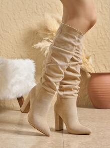 Women's Pointed Toe Ruched Chunky High Heel Slip On Fashion Boots, Sexy Knee High Boots, Suede Khaki, Autumn/Winter,Match With Jeans