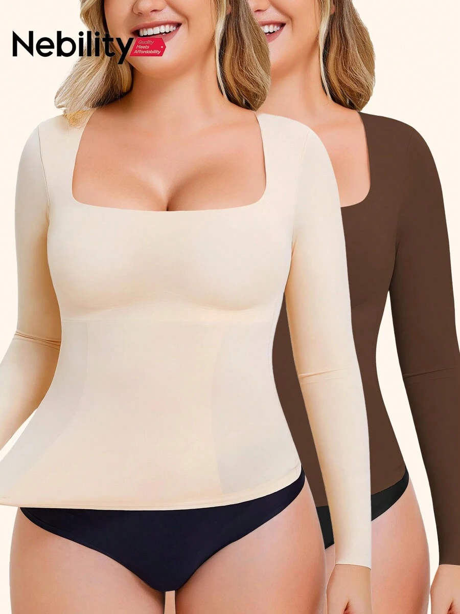 Nebility Dos tops moldeadores de mujer de manga larga y cuello cuadrado, de telas cómodas y amigables con la piel, aptos para el uso diario en todas las estaciones - marrón chocolate y beige - Ver 1