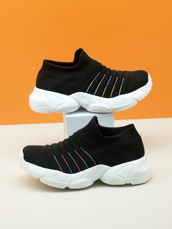 Kids Black & White Color Sports Casual Knit Slip-On Shoes, Breathable Lightweight Loafers, Platform Sneakers