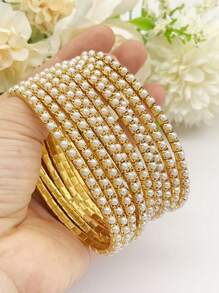 1 set/Múltiple Pulsera de tenis con banda elástica y perlas falsas, color dorado 3MM
