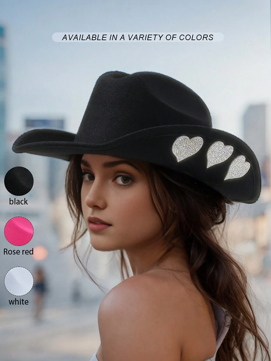 1pc Unisex Unique Solid Shiny Faux Pearl & Crystal Heart Design Head Band Hat, Novelty Punk Style Cowboy Hat, Bride Veil Hat For Gift - Heart - View 1