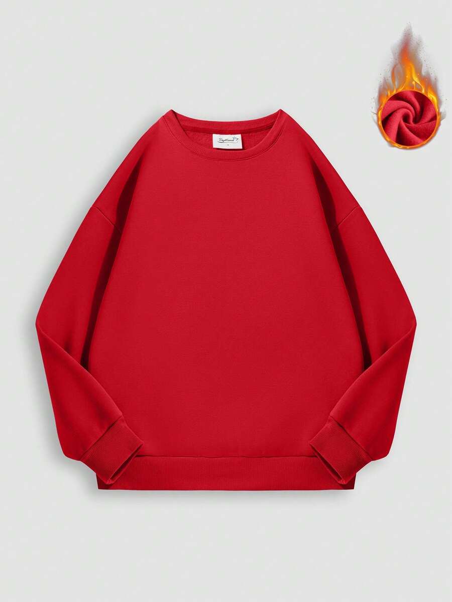 Jersey holgado de mujer de cuello redondo, manga larga y color liso, de corte casual y ancho, con forro grueso y versátil para otoño/invierno - Rojo - Ver 1
