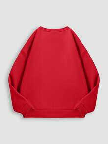 Jersey holgado de mujer de cuello redondo, manga larga y color liso, de corte casual y ancho, con forro grueso y versátil para otoño/invierno - Rojo - Ver 2