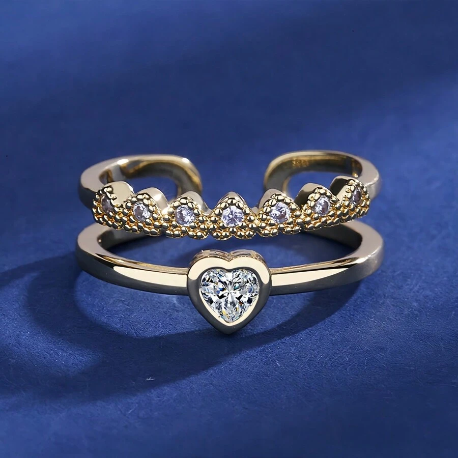1 chiếc nhẫn hở hai lớp bằng đá Zirconia hình trái tim cá nhân hóa thời trang tối giản giản dị, thích hợp cho trang phục hàng ngày của phụ nữ, trang sức quà tặng tiệc tùng, lễ hội - Vàng - Xem 1