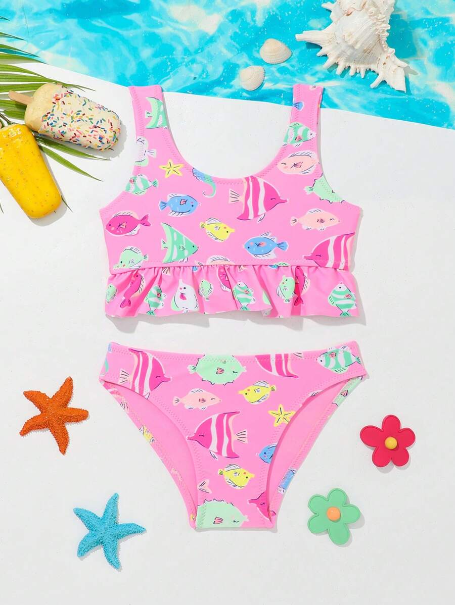 WD VEST Girls' Beach Set With Fish Print – Fun And Style For Little Adventurers! B3039 - Màu Hồng Tươi - Xem 1