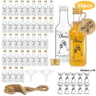 VICKYO 50 Sets Mini Liquor Bottles Party Packs, 1.76oz/60ml Clear Plastic Juice Bottles, Empty Plastic Mini Bottles With Cheers Sticker Tags And Funnels, Suitable For Wedding Bridal Shower Party Favors Party Supplies