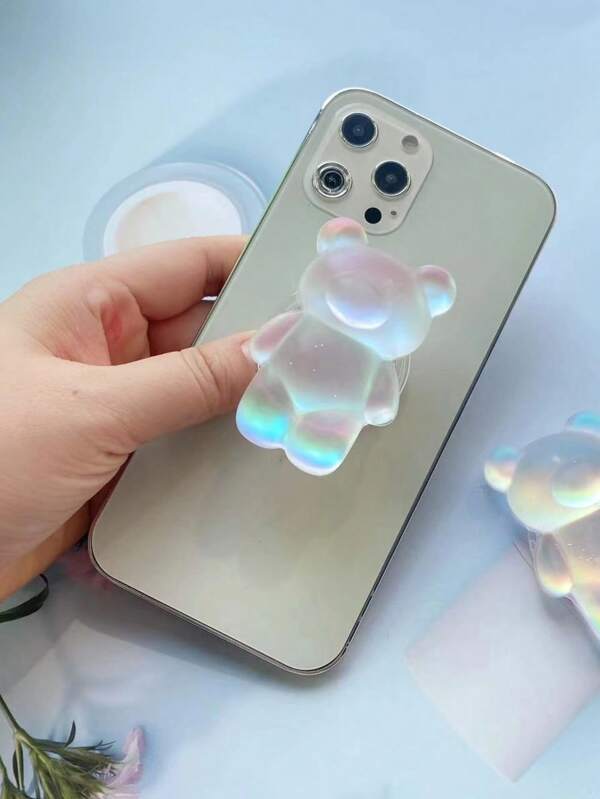 1pc Cute 3d Colorful Frosted Bear Shaped Phone Grip With Foldable Ring & Elastic Socket Holder, Compatible With All Phones/Tablets, Korean Style Compatible With IPhone, Android Phone, Gift For Birthday, Family, Friends Push-Pull Phone Grip, Phone Holder, Phone Accessories