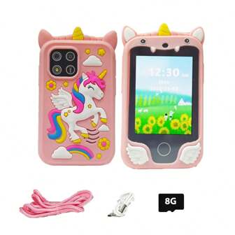 儿童智能手机 女童独角兽礼物女孩玩具 8-10 岁手机触屏学习玩具圣诞生日礼物 适合 3 4 5 6 7 8 9 岁女孩 带 8G 内存卡，儿童手机，玩具手机，儿童智能手机