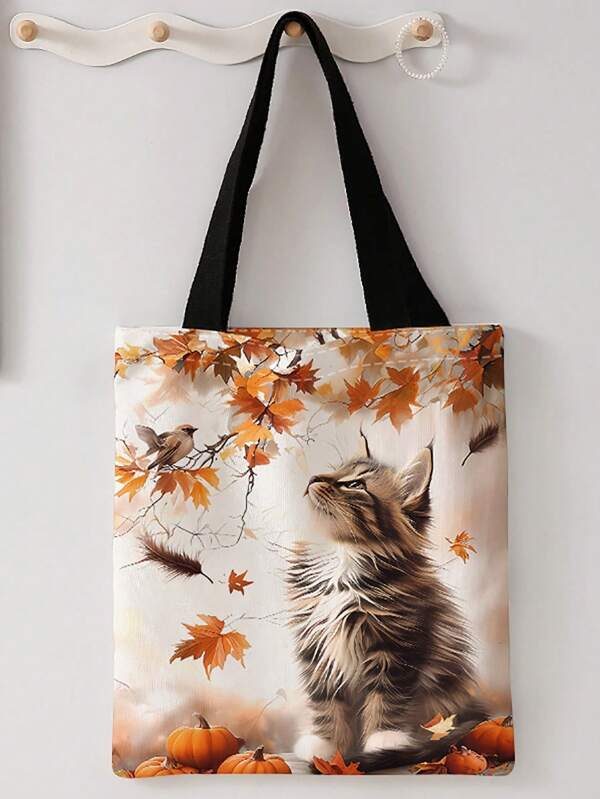 Cat And Dog Pattern Double-Sided Printed Shoulder Handbag Printed Handbag Casual Travel Beach Bag Large Capacity Reusable Shoulder Shopping Bag Women's Casual Shoulder Bag Handbag Large Capacity Canvas Beach Bag Handbag Shopping Bag Printed Women's Grocery Shoulder Bag