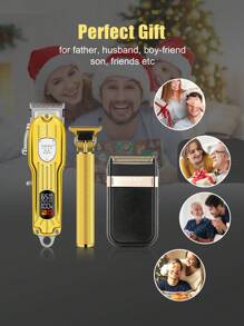 Juego de corte de pelo esencial de Navidad de 3 piezas para hombres, que incluye cortadora de pelo eléctrica, pantalla LED, afeitadora recíproca, cortadora de pelo, set de cuidado personal exquisito, malla de repuesto. El mejor regalo para darle en Navidad (también puede elegir ) - Dorado - Ver 1