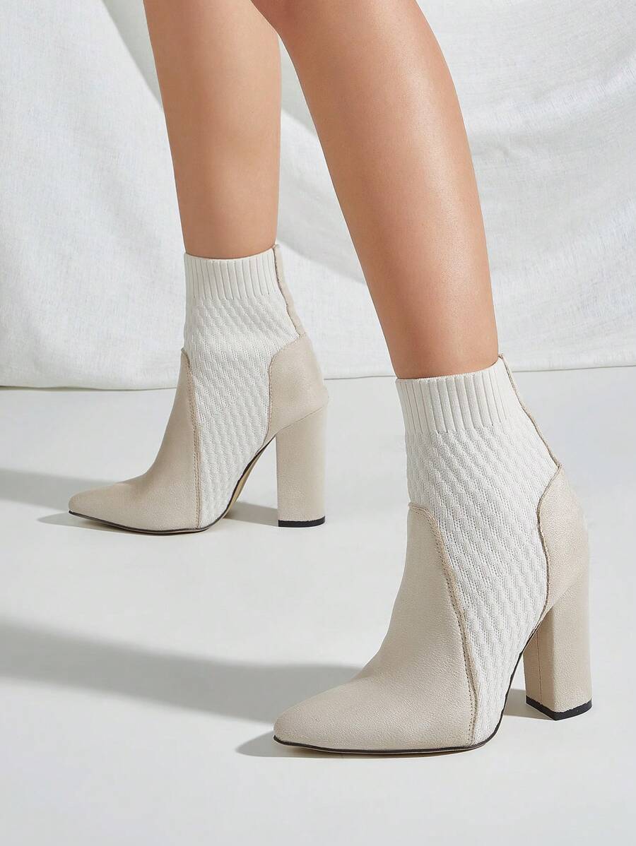 Women's Beige Stretchy Fabric Patchwork Chunky High Heel Ankle Boots. The Fabric Texture Is Random. The Shaft Height And Leg Circumference Are Adjustable Due To The Elasticity Of The Fabric. - Beige - View 1