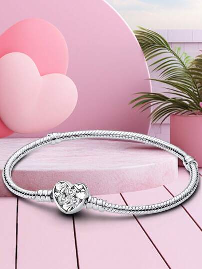 1 件圣诞迷人 16-22 厘米真 925 纯银心形珠蛇骨手链 适合女性 女友礼物 精美女士珠宝