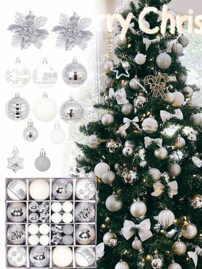 44pcs-Christmas Ball Ornaments Silver And White Christmas Ornaments Set And Christmas Flower For Christmas Tree Decoration Shatterproof Christmas Hanging Balls For Xmas Party Home Decor