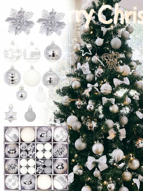 44pcs-Christmas Ball Ornaments Silver And White Christmas Ornaments Set And Christmas Flower For Christmas Tree Decoration Shatterproof Christmas Hanging Balls For Xmas Party Home Decor