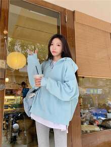 女士时尚连帽运动衫，宽松 C 图案上衣 - 藍色常規 - 查看 4