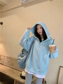 女士时尚连帽运动衫，宽松 C 图案上衣 - 藍色常規 - 查看 5