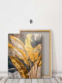 3pcs Golden Leaf And Feather Art Painting - Modern/Classic Style, Golden Color, Leaf Pattern, Ink On Canvas, Wood Frame, For Bedroom/Living Room/Home Office/Cafe/Bar, Indoor/Outdoor Wall Decoration, Vertical Orientation, Suitable For Summer/Autumn Season, Fashion Theme,Framed Poster/Art Print, Gifts Birthday Graduation
