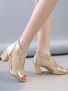 全新 粗跟 女士凉鞋 露趾 网眼 透气 欧美风格 水钻 拉链 后靴 - 金色 - 查看 2