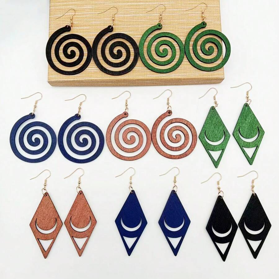 Bộ hoa tai gỗ phong cách Bohemian thời trang - Cổ điển tối giản, Đa năng, Chủ đề kỳ nghỉ, Thiết kế khoét rỗng, Chốt hoa tai bằng kim loại, Thích hợp để đeo hàng ngày/đi nghỉ, Mọi mùa, Phụ kiện thời trang dành cho nữ - ốc xoắn ốc - Xem 1