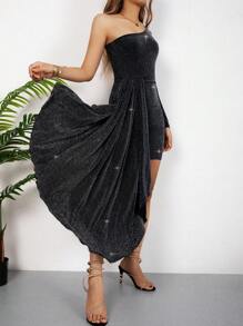 1pc Pleated One Shoulder Sequins Bodycon Dress For Teen Girls, Evening Gown