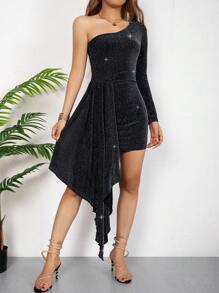 1pc Pleated One Shoulder Sequins Bodycon Dress For Teen Girls, Evening Gown