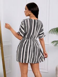 Printed Mini Dress, Casual V-Neck Loose Waist Dress For Ladies - 黑色 - 查看 2