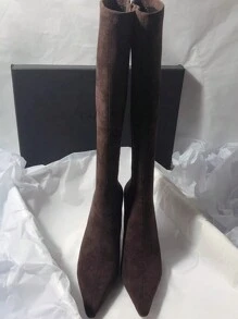 Fall/Winter 2025 Korean Version Minimalist Knee-High Boots, Elastic Suede Skinny Pointed Toe High Heel Boots With Side Zipper , Match With Dresses For Women