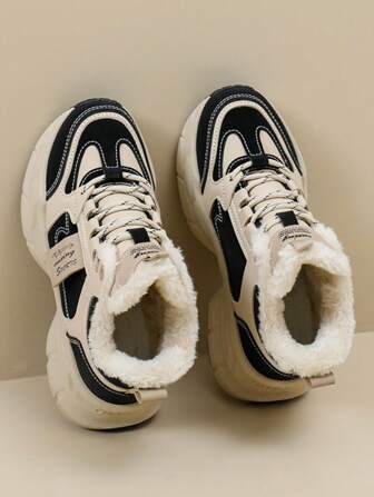 Colourblock Thick Sole High-Top Boots, Warm Lined, Casual Snow Boots For Winter, New 2024 Collection, Blue Color, Matches Well, Height Increasing