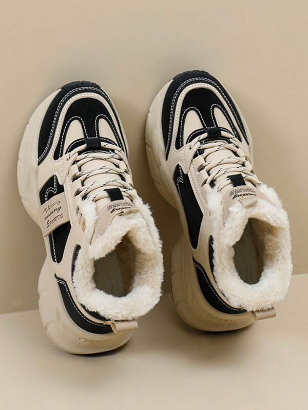 Botas altas de suela gruesa con bloques de color, forradas y cálidas, botas de nieve casuales para el invierno, nueva colección 2024, color azul, que combina bien, con aumento de altura