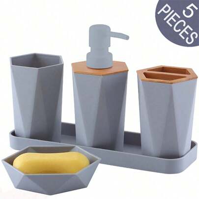 8 Piece,Plastic & Stainless Steel Bath Luxury Bathroom Accessories,Soap Dispenser,Soap Dish,Toilet Brush Holder,Toothbrush Holder,Cup,Vanity Tray,Qtip Dispenser,Birthday,Holiday,Housewarming,Christmas Gift Set,(Black,Grey And White )