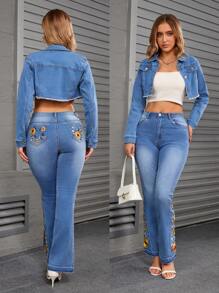 Jeans a zampa di elefante casual e alla moda da donna lavati con ricami ed elastici