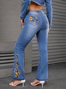 Jeans a zampa di elefante casual e alla moda da donna lavati con ricami ed elastici