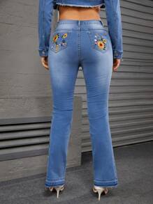 Jeans a zampa di elefante casual e alla moda da donna lavati con ricami ed elastici