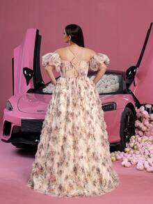 Faeriesty Váy lưới hoa tay bồng buộc dây sau lưng Luxe Plus dành cho tiệc tốt nghiệp, tiệc cưới, dạ tiệc và sự kiện tối lãng mạn - Màu be - Xem 3