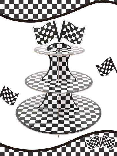 3-Tier Racing Car Theme Cupcake Stand, Black & White Checkered Pattern Paper Cupcake Holder, Cupcake Tower, Racing Car Theme Party Decor, Birthday Party Decor, Checkered Party Decor, "Racing Party" Supplies, Creative DIY Cake Decor, Birthday Party Centerpiece, Cupcake & Dessert Display Stand, Baby Shower