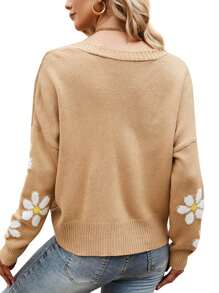 Women Loose Knit Sweater, Adults Button-down Flower Pattern Long Sleeve V-neck Cardigan - Camel - Ver 4