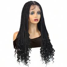 女神盒状辫子，法式卷发，方形部分无结全蕾丝编织假发，24 英寸，合成玉米辫，适合非洲 - 黑色 - 查看 13