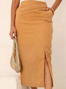 Linen Midi Skirt With Detailed Yoke, Functional Pockets And Charming Slit - Màu Khaki - Xem 5