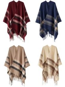 1 件女士经典格子条纹图案斗篷围巾，柔软温暖休闲百搭披肩适合秋冬季日常使用 - 彩色 - 查看 2