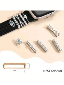 5 件金属吊坠装饰戒指，兼容 表带，心形眼睛钻石水钻饰品，智能手表硅胶表带配件，手链时尚配饰（不含手表和表带），兼容三星 Galaxy Watch