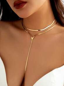 1pc Minimalist Long Snake Bone Chain Multilayer Necklace - Yellow Gold - View 2